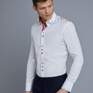 HAWES & CURTIS Mens White Slim Fit Limited Edition Shirt with Water Colors Detail Small