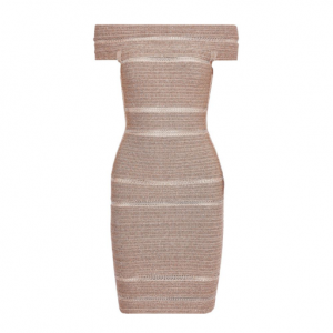 HERVÉ LÉGER Off-the-shoulder crochet-trimmed metallic bandage mini dress