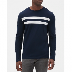 按时条纹圆领T恤长袖