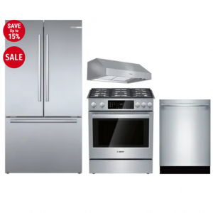 Bosch 800 Series BORERARHDW25 4件厨房用具套装,带法式门冰箱,燃气灶和不锈钢洗碗机