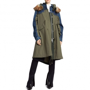 Sacai Mixed Denim Faux-Fur 毛领派克大衣