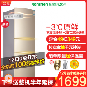 容声（Ronshen）BCD-251WKD1NY 251升 三门三开门冰箱 风冷无霜 电脑控温电冰箱 时尚沐光金