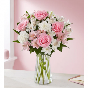 珍愛的綻放花束+免費花瓶，配粉紅色花瓶