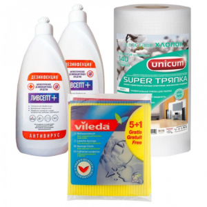 Unicum Антисептическое средство, салфетки Vileda и супер тряпка Unicum Econom