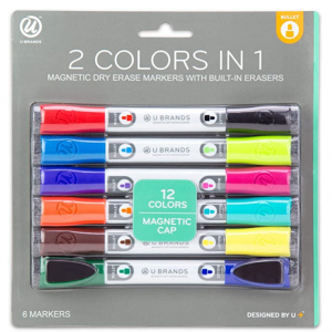 U Brands 双头12色可擦白板笔 笔帽带磁铁可吸带海绵可擦 @ Amazon