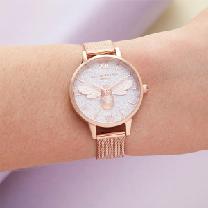 Olivia Burton Women's Glitter Dial Lucky Bee Watch - Rose Gold Mesh