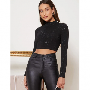 SheIn Mock Neck Buttoned Shoulder Glitter 紧身上衣