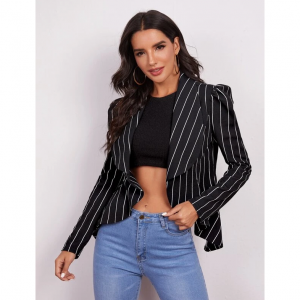 SheIn Shawl Collar Puff Sleeve Striped 西装外套