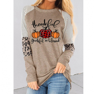 FairySeason Thankful Striped Leopard Splicing Plaid Pumpkin 上衣