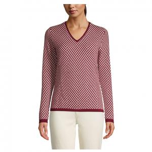 Lands End Women's Cashmere V Neck Sweater - Herringbone