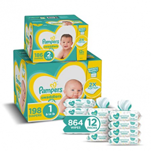 Pampers Swaddlers 1号（198片）+2号（186片）纸尿裤+宝宝湿巾864抽 @ Amazon