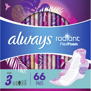 Always Radiant Feminine Pads with Wings, Extra Heavy Overnighte, Size 3(Pack of 66) @ Amazon