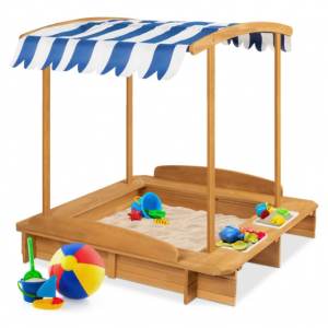 Kids Wooden Cabana Sandbox w/ Benches, Canopy Shade, Sand Cover, 2 Buckets @ Best Choice Products