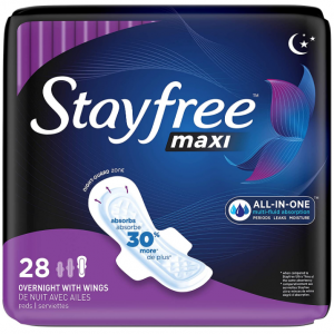 Stayfree Maxi Overnight Pads with Wings For Women, 28 Count @ Amazon