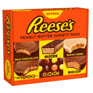 REESE'S Assorted Milk Chocolate, Peanut Butter and White Crème Candy, 44.1 Oz. 30 Pack @ Amazon