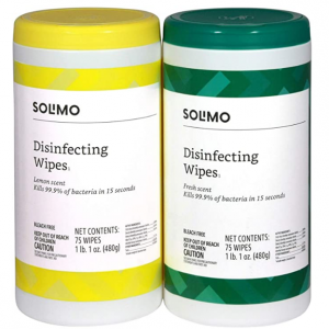 Amazon Brand - Solimo Disinfecting Wipes, Lemon Scent & Fresh Scent, 75 Wipes Each (Pack of 2)
