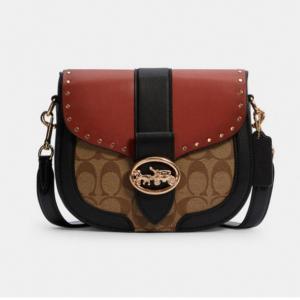 60% Off Coach Georgie Saddle Bag In Colorblock Signature Canvas With Rivets @ Coach Outlet