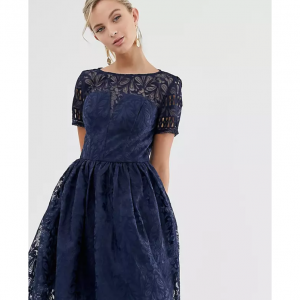 Chi Chi London Premium Lace Dress with Cutwork Detail and Cap Sleeve in Navy @ ASOS US