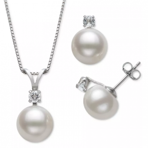 Macy's 2-Pc. Set White Cultured Freshwater Pearl (9-10mm) & White Topaz Accent Pendant Necklace & 