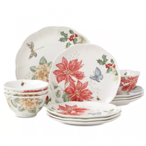 Lenox 蝶舞花香餐具12件套，一品红图案