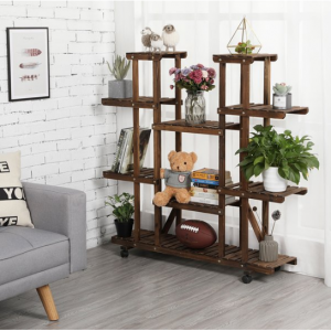 SmileMart 4-Tier 9-Shelf Rolling Wood Flower and Plant Display Stand for Indoors or Outdoors