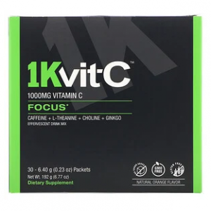 1Kvit-C, 维生素 C，焦点，泡腾混合饮料，天然橙味，1,000 毫克，30 包。每份 0.23 盎司（6.40 克）