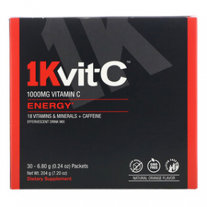 1Kvit-C, 维生素 C，能量，泡腾混合饮料，天然橙味，1,000 毫克，30 包。每份 0.24 盎司（6.80 克）