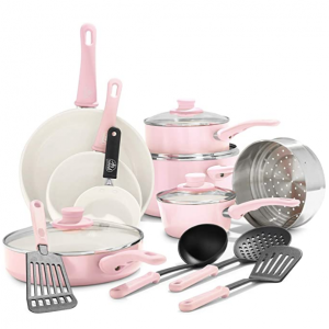 GreenLife 陶瓷不粘锅炊具锅具套装，16 件套，粉红色