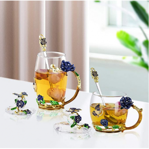 OUK-BT 立體雕花玻璃杯2件套組合 帶杯蓋+茶勺 @ Amazon