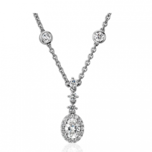 Blue Nile Oval Halo and Station Diamond Necklace in 14k White Gold (3/4 ct. tw.)