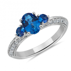 Blue Nile Three-Stone Blue Sapphire and Diamond Ring in 14k White Gold