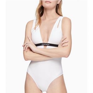 Deep V-Neck One-Piece Swimsuit @ Calvin Klein