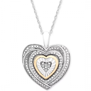 限时特价! 925 纯银镀10k金钻石双色心形吊坠项链 @ Macy's