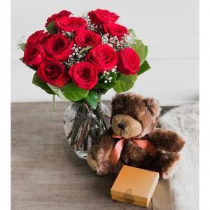 One Dozen Long Stem Red Roses w/ Chocolates & Bear
