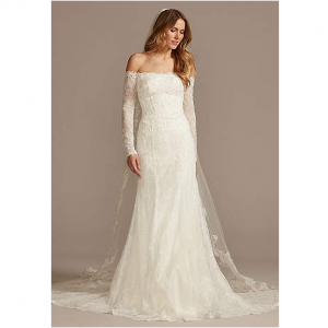 GALINA SIGNATURE Long Sleeve Off Shoulder Sequin Lace Wedding Dress