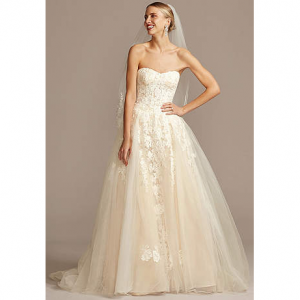 DAVID'S BRIDAL COLLECTION Sheer Lace and Tulle Ball Gown Wedding Dress