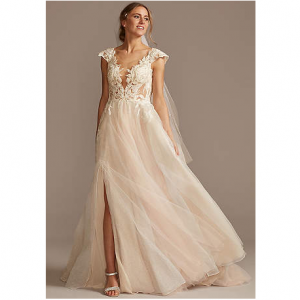 GALINA SIGNATURE Illusion Cap Sleeve Lace Appliqued Wedding Dress