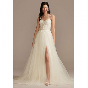 DB STUDIO Sheer Boned Bodice Spaghetti Strap Wedding Dress