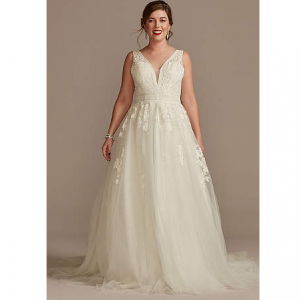 OLEG CASSINI Embroidered V-Neck Wedding Dress with Tulle Skirt
