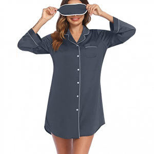 Ekouaer 女士缎面系扣睡裙+真丝眼罩两件套 多色选