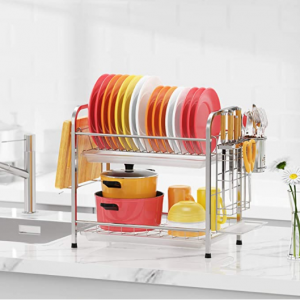 GSlife 双层不锈钢碗碟收纳架 带沥水盘、筷笼和砧板架 @ Amazon