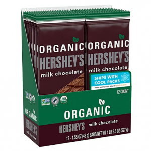 HERSHEY'S Organic Milk Chocolate Candy, Individually Wrapped, 1.55 oz Bar (12 Count) @ Amazon