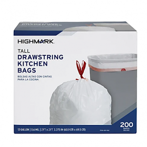 Highmark™ Tall 0.6 mil Drawstring Kitchen Trash Bags, 13 Gallon, 27.375" x 24", White, Box Of 200 