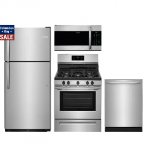 Frigidaire FRRERADWMW9254 4 件套厨房电器套装，带顶部冷冻冰箱、燃气灶、洗碗机和不锈钢超范围微波炉