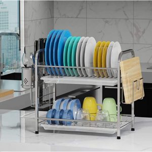 F-color 双层不锈钢碗碟收纳架，带沥水盘筷笼砧板架 @ Amazon