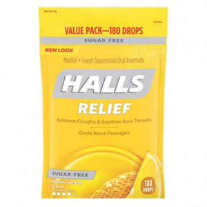 HALLS Sugar Free Honey Lemon Flavor Cough Drops, 1 Bag (180 Total Drops) @ Amazon