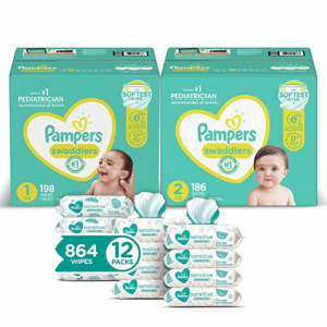 Pampers Swaddlers Diapers Sizes 1 & 2 (198 Count) & (186 Count) + Baby Wipes, 864 Ct @ Amazon