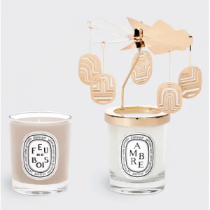 DIPTYQUE Set of Two 2.4 oz. Scented Candles with Carousel - Feu de Bois & Ambre