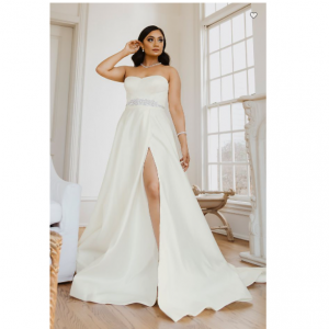 David's Bridal Strapless Plus Size Satin Wedding Dress with Slit