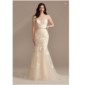 David's Bridal Lace Applique Mermaid Strapless Wedding Dress